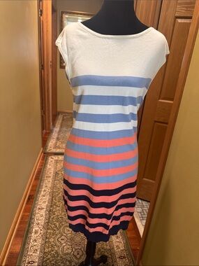 Vintage Milly; Striped Boatneck Knit Dress in White, Blue, Pink